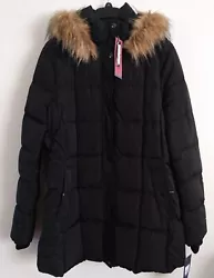 Tommy Hilfiger Black Quilted Fur Trim Hood Insulated Winter Jacket Women XL New. Arm pit to arm pit-23