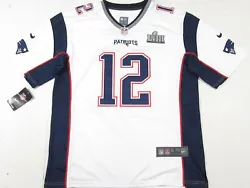 Player: Tom Brady #12. Team: New England Patriots w/ custom Super Bowl 53 Patch. Color: White. - All Letters and...