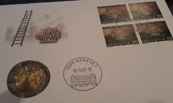Pièce 5 francs Suisse commémoration 1602-2002 Escalade excellent état avec enveloppe et timbres.