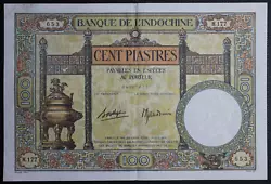 De 100 Piastres (1936-1939) P-51d. Billet en état TTB+ / VF+. Ce billet de la Banque de lIndochine. Billet craquant...