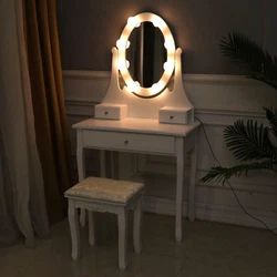 3 storage drawers. to help you get ready in the morning. - Vanity stool with cushion. - Rose shape LED light mirror...