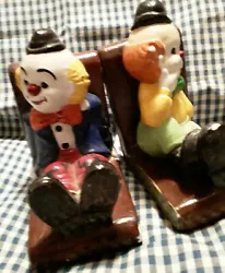 Vintage PAIR Of Ceramic Circus Clowns Book Ends COLORFUL hand painted CLOWNS. Condition is 