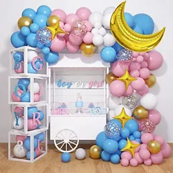 Then stick the letters on the transparent box with 100 points of glue, and put pink and blue balloons of different...