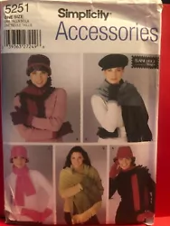 Pattern Number: 5251. Pattern Style: MISSES HATS AND GLOVCES IN THREE SIZES AND SCARFS. Pattern Size: OS (HAT IN 3...