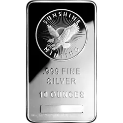 The obverse of the Sunshine Minting Silver 10 oz. bar bears the Sunshine Minting eagle with the sun and rays in the...