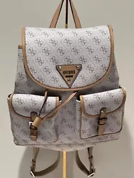 Guess Logo Barrett Flap Over Drawstring Backpack White Multi Beige/Brown