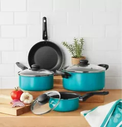 Teal Cookware Set includes 1 Qt. Saucepan with Lid, 2 Qt. Saucepan with Lid, 4 Qt. Frying Pan. Lightweight and Easily...
