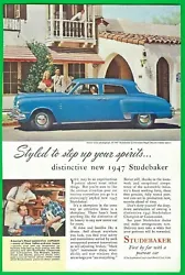 An original color print ad from 1947 magazine, showing the new Studebaker Commodore Regal Deluxe 4-Door Sedan.