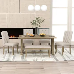 Consisting of 1 dining table, 4 matching chairs and 1 bench, this 6-piece dining table set can perfectly accommodate...