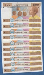 LIASSE DE DIX BILLETS. DE 500 FRANCS. BANQUE DES ÉTATS DE LAFRIQUE CENTRALE. Voici le détail approximatif de nos...