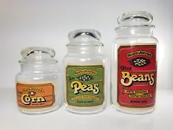 Fun retro 1980s country farmhouse style graphics and colors cover the front of each jar in earth tone 80s colors of...