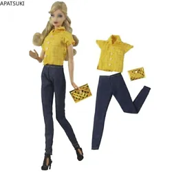 Yellow Fashion Outfits For Barbie Doll Clothes Set Blouse Shirt Denim Jeans Trousers Pants Purse 1/6 Dollhouse...