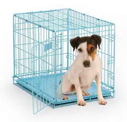 Blue dog crate includes a FREE divider panel, durable dog tray, carrying handle, 