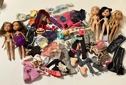 Bratz doll clothing lot with shoes, purses bags, tops pants, skirts and accessories 5 dolls