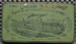 This is a decorated tin box that originally contained a dozen Waltham Main Springs. Item is located in Keene, NH which...