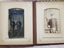 Beautiful Antique Photo Album with 26 photos. Several are tintypes including the two military photos, one with 2...