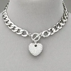 Toggle Closure. Fashionable And Very Trendy Simple Silver Chain Necklace With Hanging Heart Pendant Encrusted With...