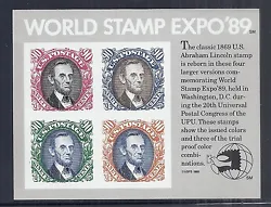 United States, #2433, UPU World Stamp Expo with Lincoln 90c Proof Colors. MNH-VF, P.O. Fresh & Flawless Souvenir Sheet.