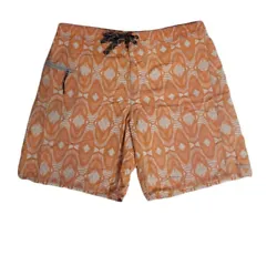 Wavefarer orange printed nylon board shorts by Patagonia. Great for outside activities or swimming. No liner. Zip...