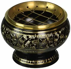 Beautiful solid brass black screen burner with golden carving. Black wood coaster is included. An artistic carved...