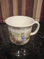 Vintage Ceramic Royal Doulton Bunnykins Single Handle Cup Baby Bunny in Stroller.
