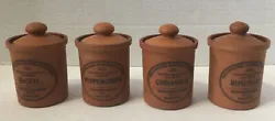 4 Original Suffolk Canisters Spice Jars Terra Cotta Henry Watson Pottery. Basil Peppercorn Coriander Rosemary