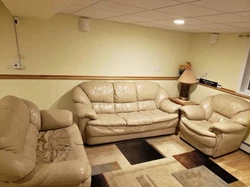 Couch set. 3 pieces Leather living room set.Sofa, loveseat and armchair. Beige color, real leather. Used, in good/fair...