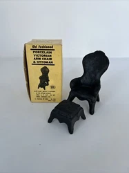 Miniature Old Fashioned Porcelain Victorian Chair and Ottoman Set, black #3483Shackman NEW in packaging, never...
