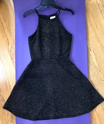 S LOVE ADY. FIT and Flare black gold sparkle cocktail dress small A line. also fits petite. 5% Spandex gives this dress...