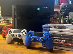 Playstation 4 (Used) with 3 Controllers (red, white, and blue) and 9 PS4 Games. This PlayStation 4 is an original 500...
