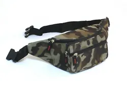 Camouflage canvas material. Its a great waist bag for traveling, hiking or hunting.