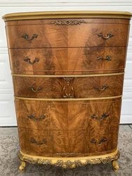 1930s French Provincial Dresser. 1930s flamed mahogany fronts, with maple trim, 5 spacious waterfall drawers, 4th...