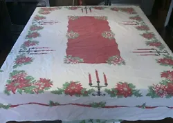 Measures about 69 X 57 Vintage Christmas Tablecloth Rectangle Poinsettia Candelabra White Red . Condition is Used....