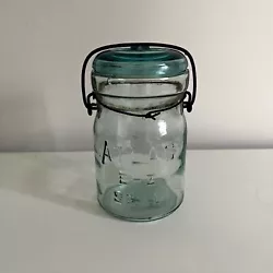 Atlas E-Z Seal Embossed Blue Quart Canning Jar Glass Lid Metal Bail Pontil Mark Antique