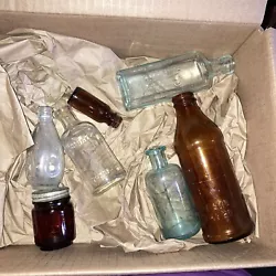 Apothecary Jars Lot. There is a brown Certo bottle, a Lambert Listerine bottle, a small brown bottle with a B on the...