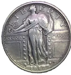 This 1917-D Type 1 Standing Liberty Quarter is a rare find for collectors. The silver coin has circulated and has an AU...