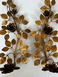 Vtg . Gold Gilt Floral Leaf Candle Holders Wall Sconces.  Regency style.A fantastic statement piece for Mid Century...
