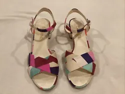 CHANEL fabric sandals 40 Multi color comfort Acrylic Flower blossom Heel W/ Box. Low heels a bit under 2”Very...