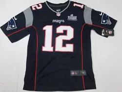Player: Tom Brady #12. Team: New England Patriots w/ custom Super Bowl 53 Patch. Color: Navy. Sizes: SMALL - 3XL.