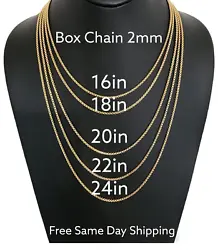 Size: 16in, 18in, 20in, 22in, 24in. Width: 2mm. Plating: 18k Gold Plated. Lock: Lobster Clasp. Chain: Box Chain....