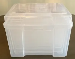 You are viewing a used clear plastic Iris USA storage tub with 6 removable dividers and lid. Perfect for storing cards...