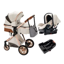 Product-Baby Carriage -3 in 1. Reverse push. Material-Cotton, Lycra and Leather. Hand stiched leather armrest. Width-36...