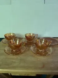 Vintage Set of 4 Marigold Carnival Glass Cups & Saucers, Jeannette Glass. Complete set of 4 matching marigold...