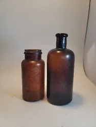 Antique Amber glass apothecary medicine or poison empty bottle, set of 2.