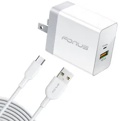 Output 22.5W Maximum if one USB is used. A 6ft long usb-a to usb-c cable is included. Ultra compact and lightweight....