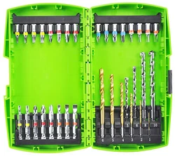 16 embouts de vissage 25mm. - 8 embouts de vissage 50mm. - 6 mèches titane: 1/2/3/4/5/6mm. - 4 mèches béton :...