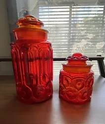 Vintage LE Smith Moon and Stars Red Amberina Apothecary Jar Canisters 11” and 7”. Small chip in large lid as shown...