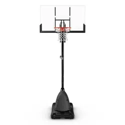 This portable system gets its stability from a 34-gallon base equipped with two wheels. Pro slam breakaway rim....