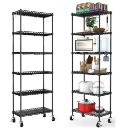 【Upgraded Industrial Wheel】6 tier shelving unit with 4 industrial wheels and 4 leveling feet. 360° rotating wheels...