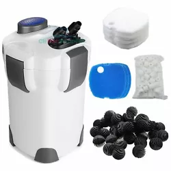 Max Flow Rate: 265 GPH (1000L/h). 1x Main Canister Body. 1x Barrel Head. 4 White floss filter pads. 3 Blue coarse...